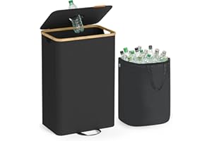 SONGMICS Pfandflaschen-Sammelbehälter, 95 L Pfandflaschen-Behälter, Flaschensammler Leergut, Recycling-Behälter, mit Loch, Deckel, Innensack mit Griffen, Küche, tintenschwarz-naturbeige RRB509B01