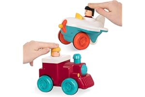 Battat 2er Set Flugzeug und Lokomotive zum Drücken, Zurückziehen und Loslassen – Motorikspielzeug Aufziehauto Fahrzeuge, Spielzeug Kinder ab 18 Monate