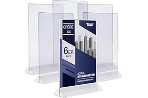 ‎DASHER PRODUCTS Acryl-Schilderhalter A4, 6 Stück, T-förmiger Menühalter mit einfachem Design von unten, doppelseitig, Kunststoff-Schilderhalter für Flyer, Menüs, Werbeaktionen, Fotos, Displays und mehr (A4-6 Stück)