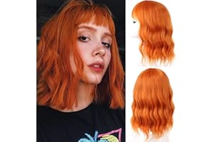 Leeven Courte Perruque Femme Orange 14 Pouces Synthétique Perruque Bob avec Frange Naturelle Bouclée Perruques pour Femme Cosplay Wig with Bangs/Orange