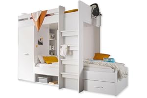 Stella Trading Maxi Modernes Hochbett mit Schrank & 2X Liegeflächen 90 x 200 cm - Platzsparendes Kinder Etagenbett in Weiß - 269 x 180 x 115 cm (B/H/T)