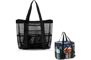 HUSHRICH Mesh Beach Bag Lightweight Large Tote Bag Sand Free, 10 Pockets Handheld Beach Hollow Mesh Bags Black Large Capacity Shoulder Beachs Bags Pool Vacation