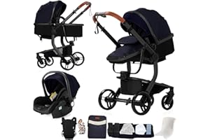 Nine point nine PU-Leder Kinderwagen 3 in 1, Kinderwagen Set mit Umkehrbarem Doppelschiebemodus, Kombikinderwagen 3 in 1 Bequemer Babywanne, Kombikinderwagen Rahmen Aluminiumlegierung(L518 Black Blue)