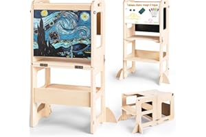 WOODURE 4 en 1 Tour d Observation Enfant Pliable, Tour d'observation Montessori, Tour d'Apprentissage Montessori pour Enfants avec Tableau Noir et Tableau Blanc, Cadeaux pour garçons et Filles de 1 à 3 Ans