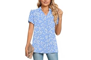 Aodemo Women's Summer Collared V Neck Chiffon Blouse Dressy Business Tunic Petal Short Sleeve Office Shirt Tops for Work