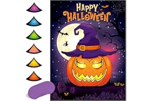 Jeu d'Épingles d'Halloween - Jeux de Fête d'Halloween pour Enfants 71cm x 53cm Affiche de Citrouille avec 24 PCS Autocollants de Nez Bandeau Épingler le Nez sur la Citrouille Décorations de Fête