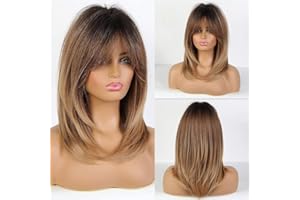 EMMOR Parrucche lunghe Ombre Brown per le donne Parrucche sintetiche lunghe ricci resistenti al calore con frange