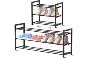 Erweiterbares Schuhregal, kleine Schuhregale, schmal, Metall, schmales Schuhregal für Eingangsschränke, kleiner Platz, freistehend, ausziehbar, verstellbar, Schuhregal für Schrank (Schwarz, 3 Etagen)