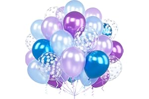 Ousuga Ballons Bleu Violet Blanc, 60 Pièces 12 Pouces Métallisé Chrome Violet Bleu Argent Flocon Neige Confettis Latex Ballon pour Fille Frozen Anniversaire Baby Shower Baptême Princesse Winter Fête