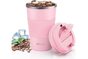 Aolieh Kubek termiczny, kubek do kawy z szczelną pokrywką, kubek termiczny, ze stali nierdzewnej, kubek podróżny, kubek do kawy na wynos, do gorącej i zimnej wody, do kawy i herbaty (380 ml, różowy)