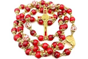 Nazareth Store Czerwony koral koraliki złoty różaniec naszyjnik z tajemniczymi ceramicznymi kwiatami cudowny medalion medal i krzyż św. Benedykta, Large, Cynk, Bez kamieni szlachetnych