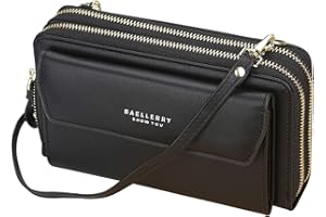 YIXUAN LLC Yixuan Portafoglio Donna Doppia Cerniera Lunga Borse a Tracolla per Cellulare in Pelle PU Borse a Spalla Grande Capacità Lungo Portamonete con Tracolla Borsetta Tracolla Donna (Nero)