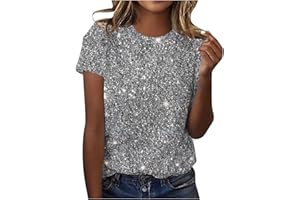 AMhomelyShort Sleeve Tops for Women UK Clearance Ladies Sparkling Top Size 16 Summer Casual Blouse Elegant Gradient Sequins Print Tunic Tops Loose Fit Casual Pullover Tops Shiny Clubwear Shirts