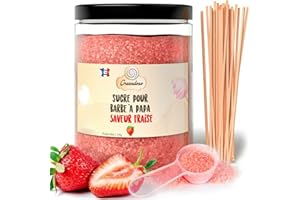 GREENDOSO® Sucre Barbe à Papa pour Machine 1,2 Kg – Saveur Fraise – 50 Bâtonnets + Cuillère Doseuse – MADE IN FRANCE