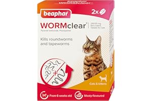 Beaphar - WORMclear® Tablets for Cats - 2 Tablet Pack - Kills All Common UK Intestinal Worms (Roundworms & Tapeworms) - Vet Strength Worm Treatment - Meaty-Flavoured - For Cats Over 6 Weeks Old & 1kg