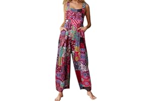 Acrawnni Women's Dungarees Vintage Floral Printed Loose Casual Baggy Sleeveless Overall Long Jumpsuit Playsuit Trousers Pants Romper