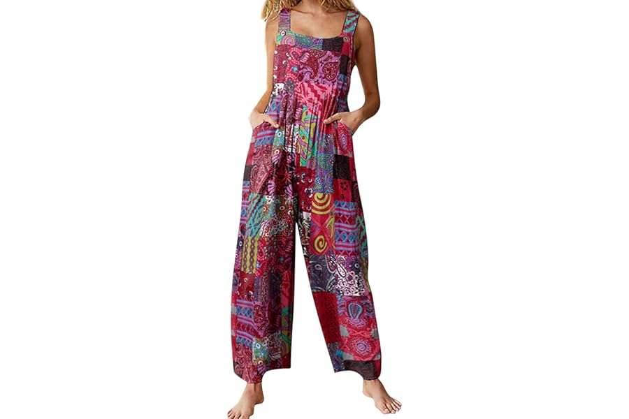 Acrawnni Women's Dungarees Vintage Floral Printed Loose Casual Baggy Sleeveless Overall Long Jumpsuit Playsuit Trousers Pants Romper