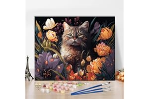 TISHIRON Dipingere con i numeri, per adulti, gatto e fiori, pittura a olio, fai da te, per adulti astratta con i numeri, kit su tela con pennelli, artigianato per la casa, 40 x 50 cm (senza cornice)