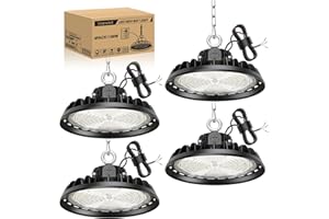 RUISUN 4 Pack UFO 150W LED High Bay Projecteur Garage Light 22500LM Éclairage pour Atelier 6000K 120°Éclairage IP65 Lampe Industrielle Dimmable 90W/120W/150W Usines Entrepôts de Construction Stades