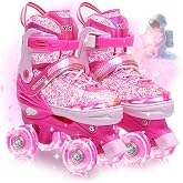 OLYSPM Roller Skates 4 Wheels, Luminescent Upper, 4 Adjustable Sizes with 8 Shiny Wheels Storage for Girls and Boys
