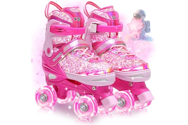 OLYSPM Roller Enfant Fille,Empeigne Fluorescente,4 Taille Réglable,Patin a Roulette Fille avec 8 Roues Lumineuses de Rangement pour Enfants,Adolescents,Débutants