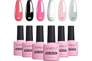 AIMEILI Vernis Semi Permanent Set 6pcs X 10ml Clair Nu Rose Paillettes Noir Blanc, Lot Saint-Valentin Vernis à Ongles Gel Soak Off UV LED Manucure Kit 1