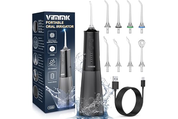 VIMMK Jet Dentaire Hydropulseur et Irrigateurs Oral avec 5 Modes de Pression d'eau et 8 Embouts Remplaçables, Rechargeable et Étanche IPX7, Réservoir 300ML (Noir)