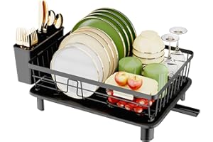GHERISN Dish Drainer Rack with Drip Tray, Sink Dish Drainer with Drainage Spout, Stainless Steel Dish Drying Rack with Cups, Utensil & Cutting Board Holders for Kitchen Counter Space-Saving, Black