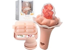 Moonkie chupete de frutas para bebés con bandeja de congelación, 1 piezas, a partir de 4 meses, bolsa de dos tamaños, mango con sonajero, silicona sin BPA