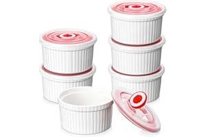 MALACASA Set di 6 Pirottini per Soufflé 240 ml con Coperchio, Ø 9,2 x 5 cm, Ciotoline e Stampini Rotondi da Forno in Porcellana per Dolci, Soufflé, Merenda e Snack, Bianchi, Adatti a Lavastoviglie