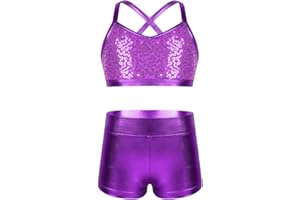 Alvivi Enfant Fille Costume De Sport Haut Bretelle Brillant Short De Gymnastique Débardeur Bra Brassière Vêtement De Danse Sport Sportswear Pour Enfant 5-14 Ans