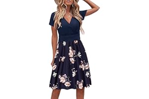 STYLEWORD Women's Summer Dress Short Sleeve V-Neck Sundress Floral Wrap Waist Casual Dress with Pockets