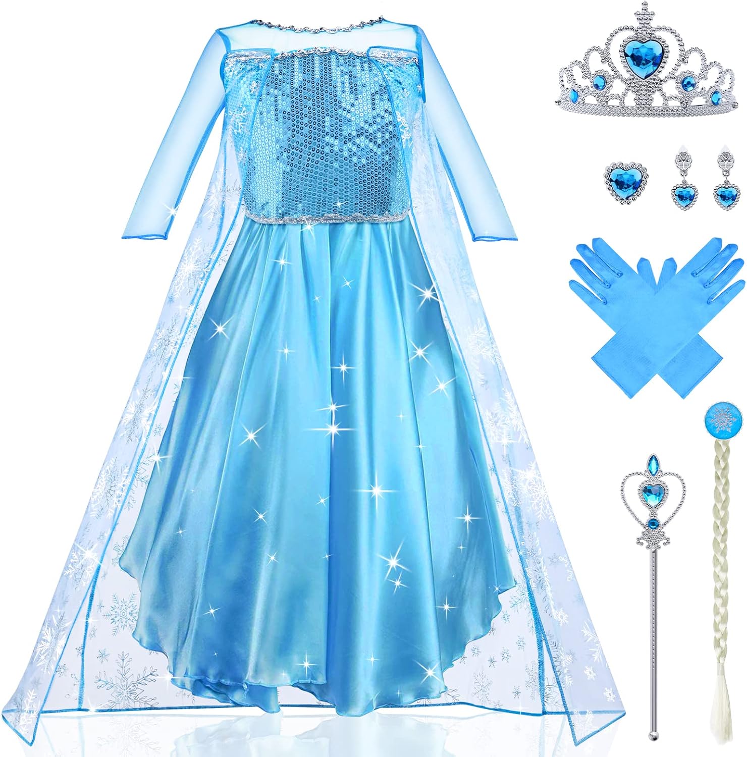 URAQT Vestidos Princesa, Disfraz de Princesa Niña con Accesorios, Traje Princesas Niñas con Capa de Copos de Nieve Brillantes, Disfraz de Halloween para Niña de Cosplay, Cumpleaños, Carnaval