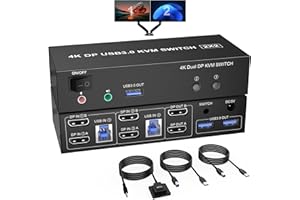 RYTAKI PRO USB 3.0 Switch KVM Dual Monitor Displayport 4K@60Hz Display esteso, Displayport KVM Dual Monitor 2 in 2 Out con uscita microfono audio e 3 porte USB 3.0, Switcher mouse tastiera monitor PC
