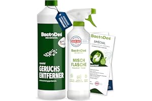 BactoDes - Desodorisant Maison 1L concentré avec Vaporisateur mélangeur - Nettoyant enzymatique Universel avec Action microbienne Bio - Élimination Efficace de Toutes Les Odeur Maison