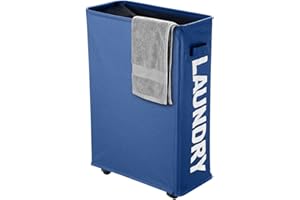 Panier à linge Pliable à Roulettes, IHOMAGIC Corbeilles à Linge mince et pliant Bac à Linge Sale Collecteur de Buanderie Poignées en Polyester pour ranger Vêtements 40L, 39x18.5x58cm, Bleu Foncé