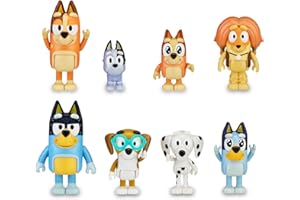 Bluey - Pack 8 Figuras Familia y Compañeros del Cole, Figuras articuladas, muñecos de 6-8 cm, colección de Personajes de la Serie de Dibujos Infantil, niños y niñas +3 años, Famosa (BLY49000)