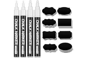 APOGO kreidestifte für tafel abwaschbar, Kreidemarker, 4 Stück Kreidestift Weiß Spitzen Reversibel 3mm,6mm und 45 Etiketten, Chalk Markers Kreidemarker Weiss, Kreidestifte für Fenster,tafelkreide,Glas