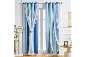SeseBee Cortinas de 2 Piezas para Habitación Infantil, Cortinas Estrellas para Habitación Bebé, Decoración de Habitación de Niña (Azul Verde Gris, 132An x 182Al cm)