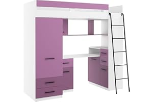 FurnitureByJDM High Sleeper Bed with Desk, Drawers, Wardrobe and Bookcase - SMYK R - (White/Lavender)