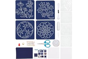 FREEBLOSS Juego de 4 posavasos Sashiko, kit completo de Sashiko, kit de bordado para principiantes, juego de posavasos con 4 muestras Sashiko, kits de bordado japonés para adultos, kit de costura a
