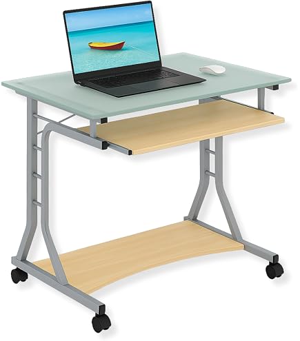 COSTWAY Scrivania Con Ruote, Vassoio Per Tastiera, Supporto Per CPU E Ganci, Scrivania Moderna In Legno E Metallo Per Salotto E Camera Da Letto, 80 X 50 X 78 Cm (Marrone - 10