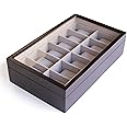CASE ELEGANCE Solid Espresso 12 Slot Wood Watch Box Organizer with Glass Display Top