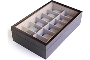 CASE ELEGANCE Custodia per Orologi in Legno Color Caffè con Coperchio in Vetro 12 posti