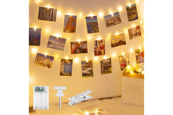 Ljuskedja 10 m, 100 LED-ljuskedja med 60 klämmor för foton | batteridriven ljusslinga, fotoklämmor, fotoljuskedja med klämmor