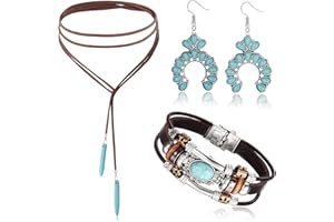 JeweBella Boho Schmuck Set Damen Vintage Bohemian Türkis Anhänger Halskette Boho Türkis Anhänger Ohrringe Türkis Armband Manschette Indianer Schmuck Vintage Türkis Schmuck Boho Weste Schmuck Damen