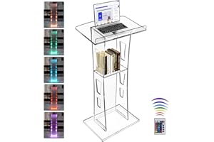 Vakiorn Acryl Podium, Transparenter Acryl Rednerpult mit Speicher Regal, Kirche Kanzel mit 15 Farbe LED-Licht, Stabilität Podium Ständer for Kirche, Vortrag, Hochzeit, Klassenzimmer(23.6"x16"x 45.2")