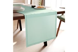 Encasa XO Camino de Mesa | Puro Algodón con Diseño Hilvanado | Tamaño 32x150 cm | Menta Verde - Lavable a Máquina