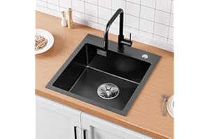 Sofetiy Kitchen Sink, Black, 45 x 48 cm, Includes Siphon, Stainless Steel Square Kitchen Sink for Base Cabinets from 45 cm Wide, Small Built-in Sink, Stainless Steel Sink 1 Bowl