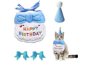 ZBHDEYG 1 śliniaczek, 1 x czapka urodzinowa, 2 sztuki spinek do włosów, czapka urodzinowa dla szczeniaka i kotka, szalik, zestaw akcesoriów urodzinowych dla zwierząt domowych, kostium kota (niebieski)
